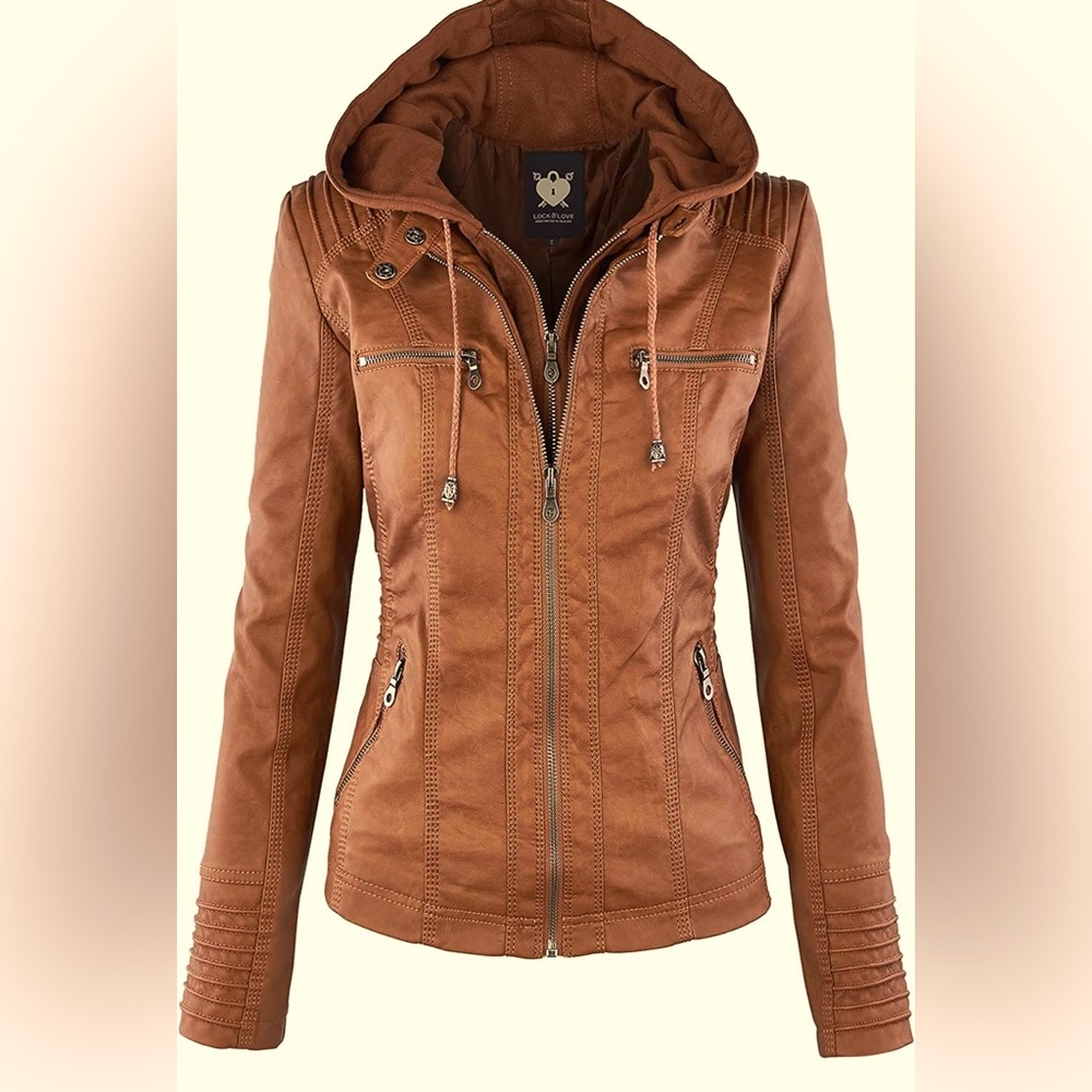 Women’s removable hood faux leather jacket Moto biker cost!  Like new!